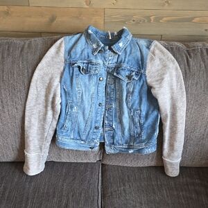 Free People Distressed Blue Denim Jacket with Gray Sweatshirt Like Sleeves
